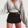 Solid Batwing Sleeve Ruched Crop Blouse 3