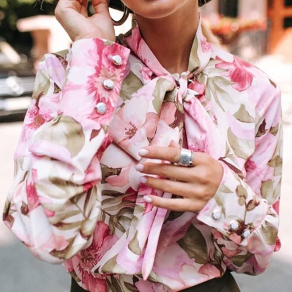 Tied Neck Floral Print Long Sleeve Shirt 2