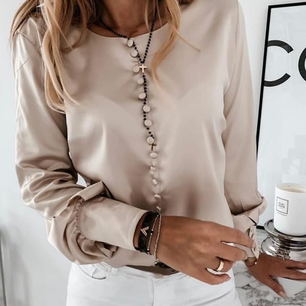 Solid Button-Up Satin Blouse 2