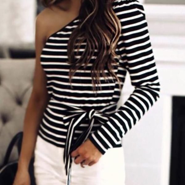 One Shoulder Colorblock Striped Long Sleeve Blouse 2
