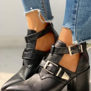 Solid Pointed Toe PU Chunky Heeled Boots