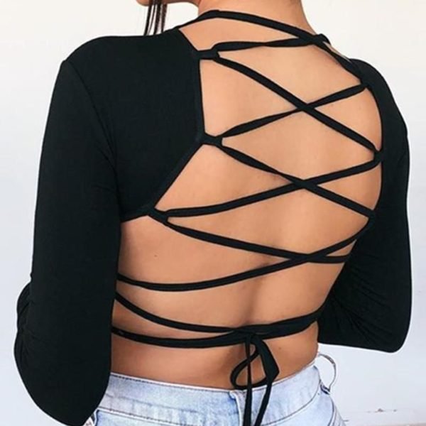 Solid Lace-Up Tied Backless Blouse 2
