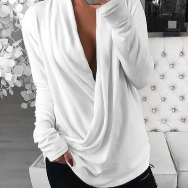 Solid V Neck Surplice Wrap Long Sleeve Ruched Blouse 2