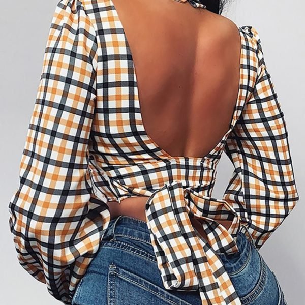 Grid Backless Tied Cut Out Blouse 2