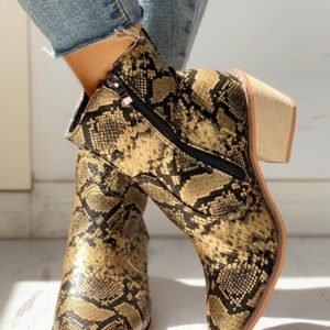 Pointed Toe Snakeskin Zipper Design Chunky Heeled PU Boots