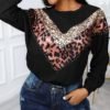 Leopard Sequins Colorblock Insert Casual Blouse 3