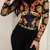 Retro Print High Neck Form Fitted Blouse 3