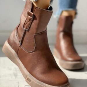 Solid PU Zipped Casual Flat Boots