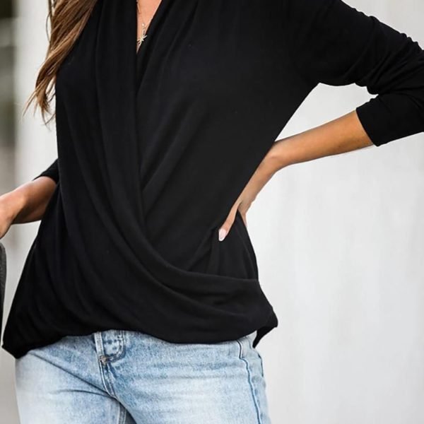 Solid V-neck Ruched Wrap Casual Blouse 2