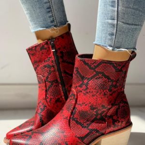 Pointed Toe Snakeskin Zipper Design Chunky Heeled PU Boots