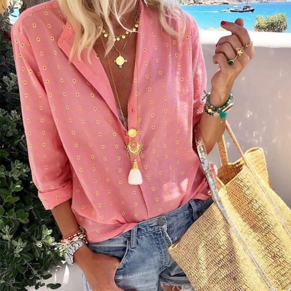 Long Sleeve Pink Floral Print Casual Blouse 2