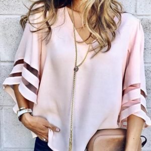 V-Neck Mesh Striped Insert Casual Blouse