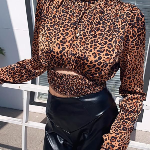 Leopard Print Shirring Waist Blouse 2