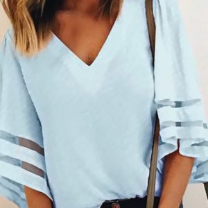 V-Neck Mesh Striped Insert Casual Blouse