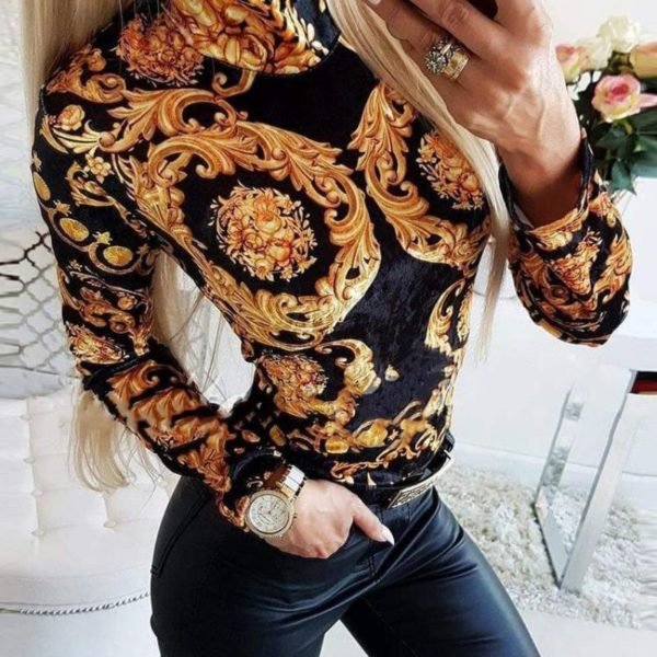 Retro Print High Neck Form Fitted Blouse 2