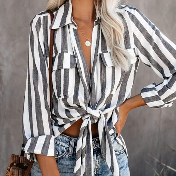 Striped Knotted Detail Pocket Blouse 2
