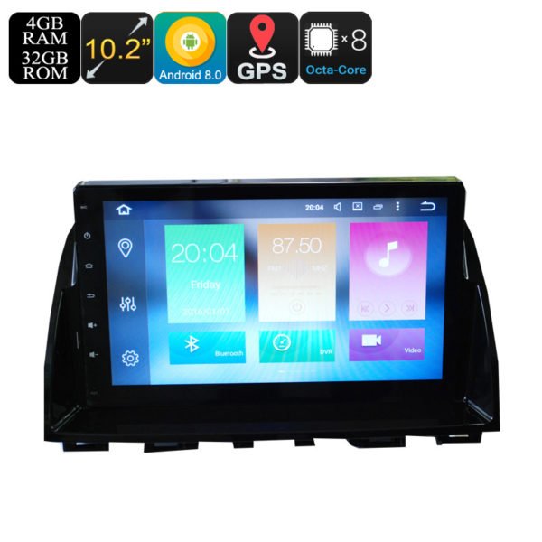 2 Din Car Media Player For Mazda 6 - 10.2 Inch Screen, 4+32GB, Octa-Core, 3G, 4G, Android 9.0.1, Bluetooth, GPS, Wi-FI 2