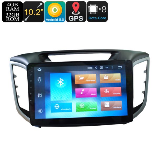 10.2 Inch Display 1 DIN Car Media Player For Hyundai IX25 - Octa-Core, 3G, 4G, 4+32GB, Android 9.0.1, GPS, Bluetooth, Wi-Fi 2