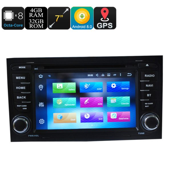 Car DVD Player 2 Din 7 Inch For Audi - Android 9.0.1, Octa Core, 4+32GB, Can Bus, GPS, 3G and 4G Support, Wifi, Bluetooth 2