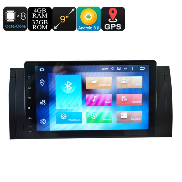 BMW 5 Car Media Player - 9 Inch Screen, 4+32GB, Octa Core, Can Bus, Android 9.0.1, 3G, 4G, Wi-Fi, Bluetooth 2