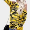 Yellow Camouflage Round Neck Cold Shoulder Long Sleeves T-shirt 3