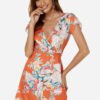 Orange Belt Design Random Floral Print Deep V Neck Short Sleeves Mini Dress 3