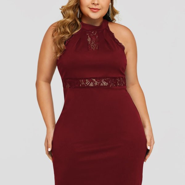 Plus Size Burgundy Lace Insert Halter Sleeveless Dress 2