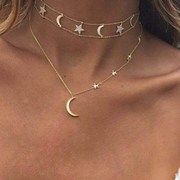 Gold Eight-pointed Star And Moon Pendant Multi-layer Necklace 2