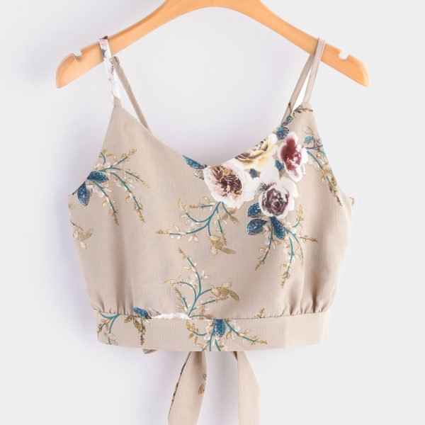 Khaki Backless Design Random Floral Print V-neck Sleeveless Camis 2