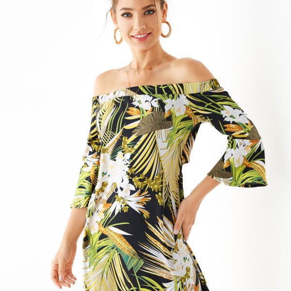 YOINS Floral Tropical Print Off The Shoulder Bell Sleeves Dress 2