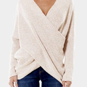 Beige Cross Front V-neck Irregular Hem Jumper