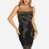 Black Embroidered Pattern Lace-up Design Sleeves Party Dress 3