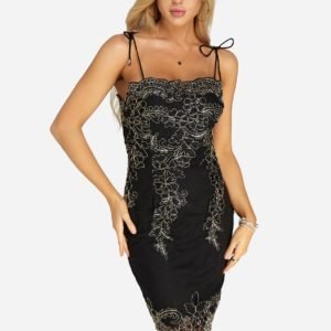 Black Embroidered Pattern Lace-up Design Sleeves Party Dress