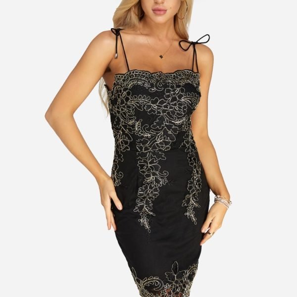 Black Embroidered Pattern Lace-up Design Sleeves Party Dress 2