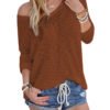 Coffee Sexy V Neck Long Sleeves Knitted T-shirt 3