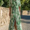 Green Belt Design Tropical Classic Collar Dress 3
