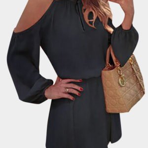 Black Cold Shoulder Long Sleeves Cotton Dress with Open Back Design