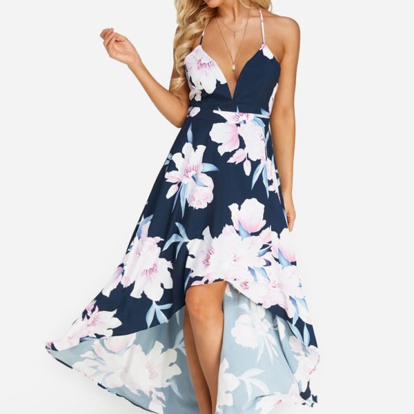 Random Floral Print Backless Design Deep V Neck Sleeveless Maxi Dress 2