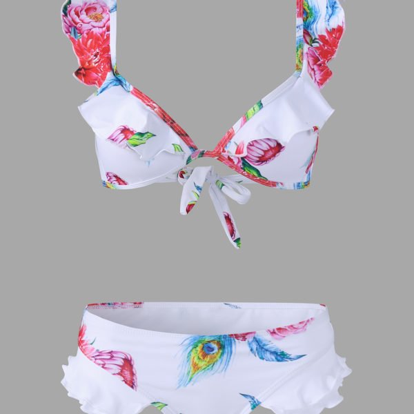 White Backless Design Floral Print Deep V Neck Sleeveless Bikini 2