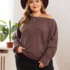 Plus Size Brown Boat Neck Long Sleeves Sweater 3