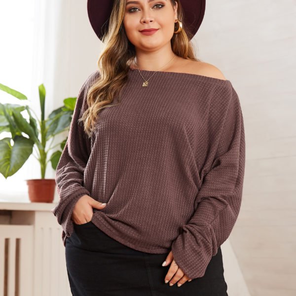 Plus Size Brown Boat Neck Long Sleeves Sweater 2