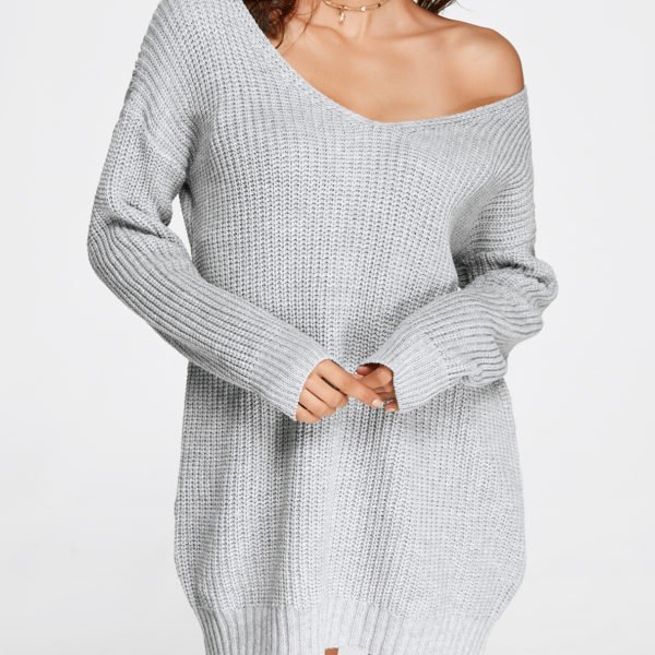 Grey Oversized Plunging V-neck Knit Sweater Dress 2