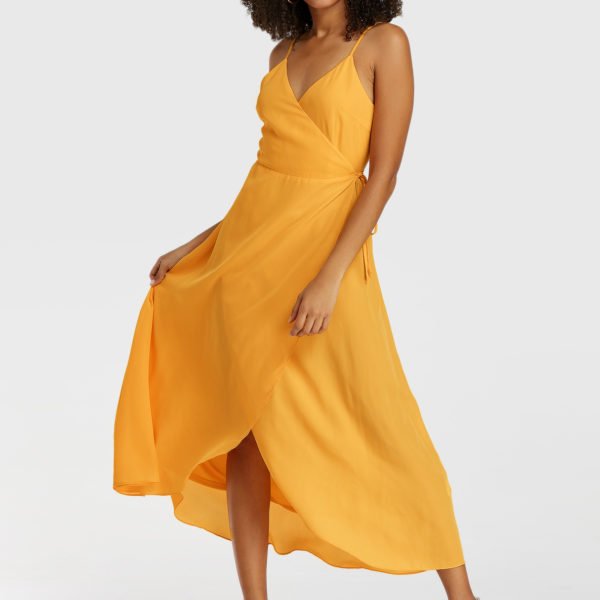 YOINS Yellow Spaghetti Strap Wrap Design Sleeveless Dress 2