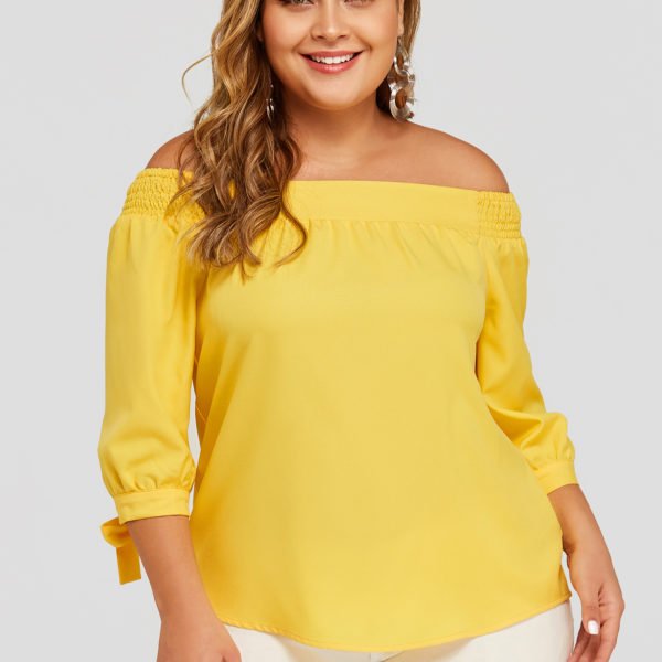 Plus Size Yellow Elastic Strap Off The Shoulder Top 2
