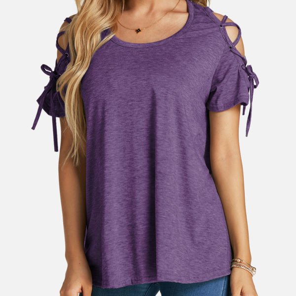 Purple Lace-up Design Round Neck T-shirt 2