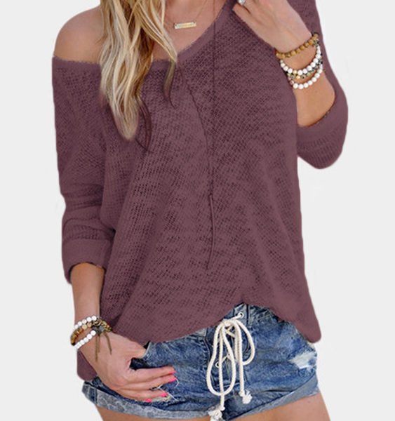 Pink Sexy V Neck Long Sleeves Knitted Tee 2