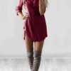 Burgundy V-neck Long Sleeves Curved Hem Shirt Dress 3