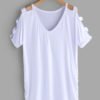 White Cut Out Design Plain Cold Shoulder V-neck Short Sleeves T-shirts 3