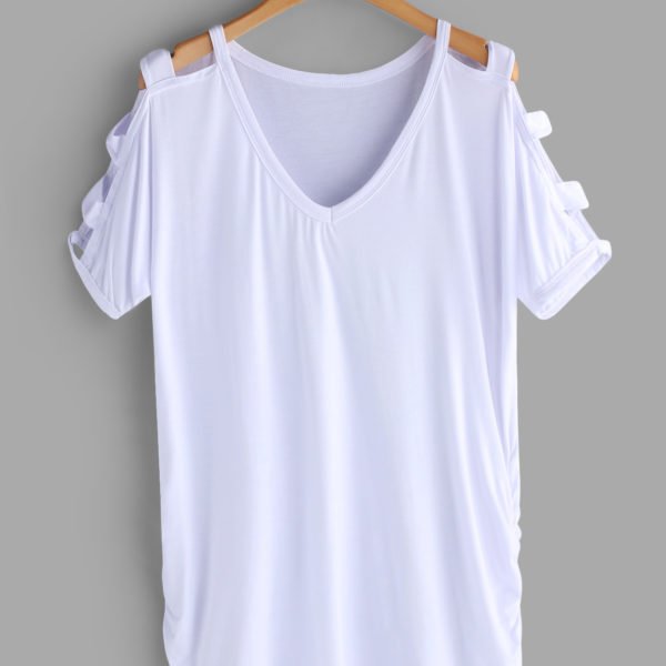 White Cut Out Design Plain Cold Shoulder V-neck Short Sleeves T-shirts 2