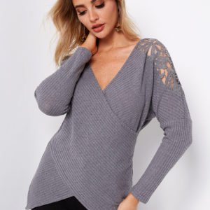 Grey Crossed Front Design Plain Deep V Neck Lace Insert Long Sleeves T-shirts